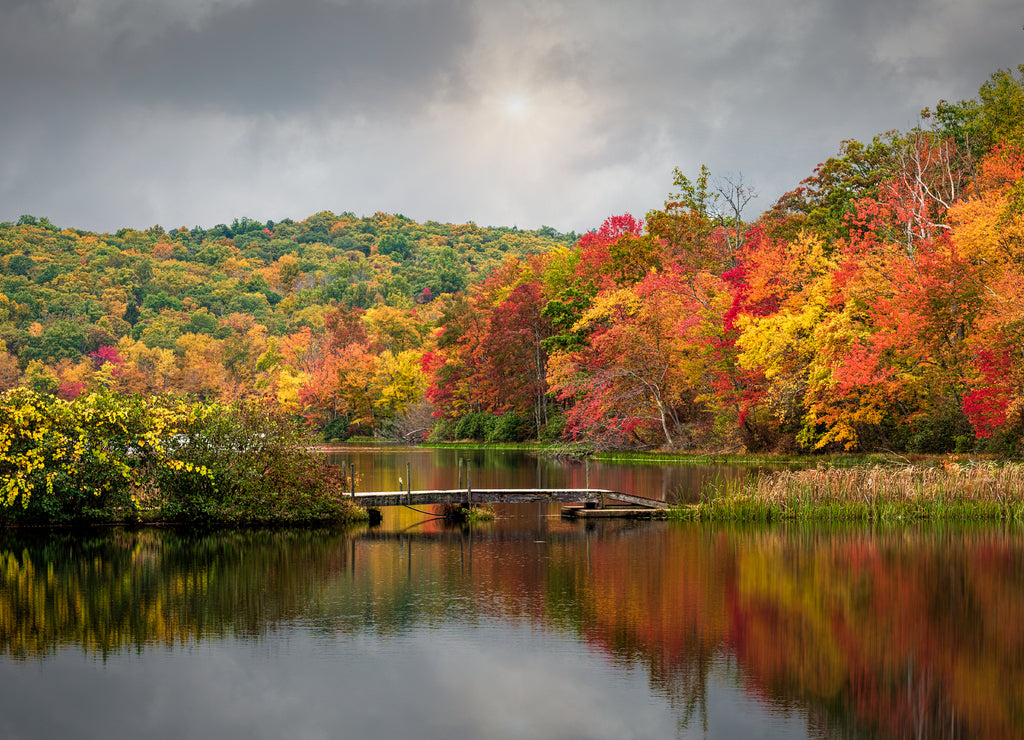 Old wooden footbridge over Lake Ashroe in Stokes State Forest, New Jersey, surrounded by brilliant autumn colors