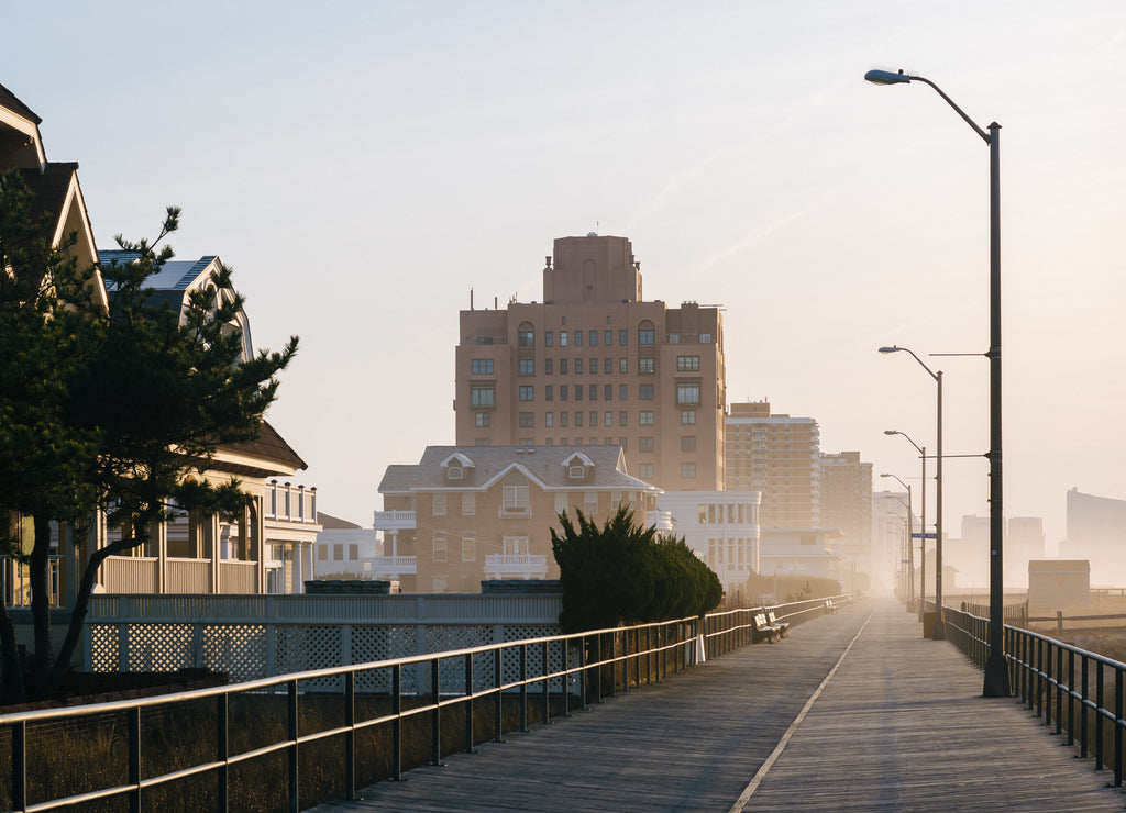 The boardwalk in sunrise in Ventnor City, New Jersey