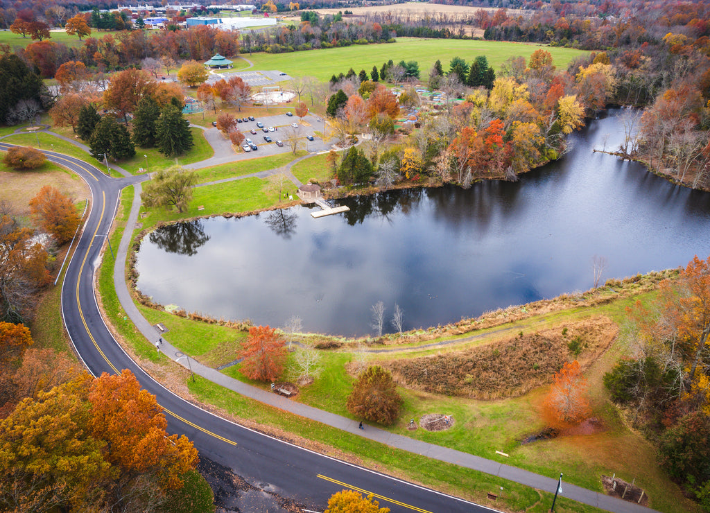 Aerial Drone of Somerset County Park in the Autumn Foliage, New Jersey