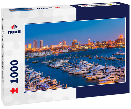 View of the Farley State Marina and skyline at night, in Atlantic City, New Jersey