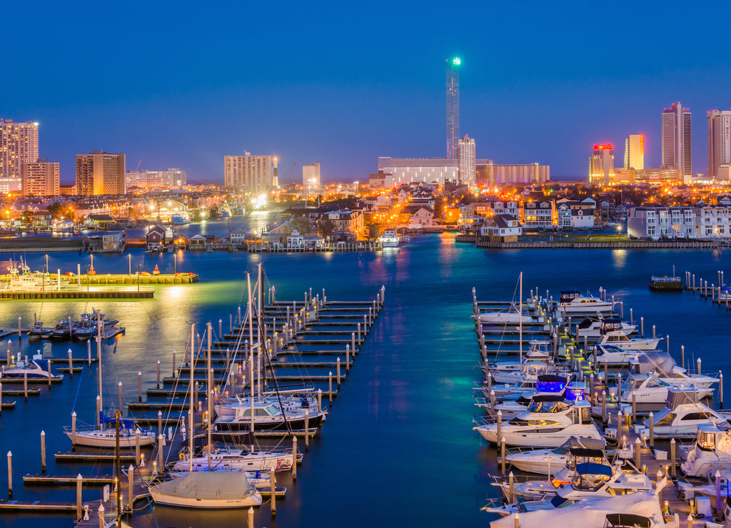 View of the Farley State Marina and skyline at night, in Atlantic City, New Jersey