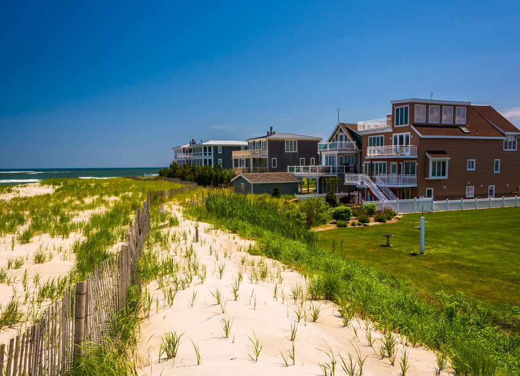 Beach houses and sand dunes in Strathmere, New Jersey