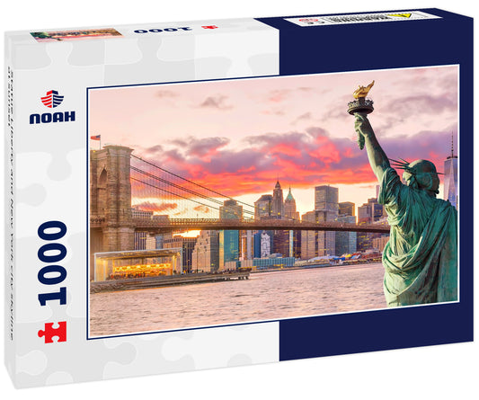 Statue Liberty and New York city skyline at sunset