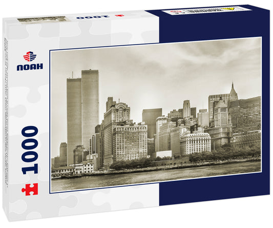 New York City skyline from NJ with World Trade Center featured as landmark of Twin Towers, destroyed in September 11, 2001. Sepia background, vintage style. Lower Manhattan in New YorkC, United States