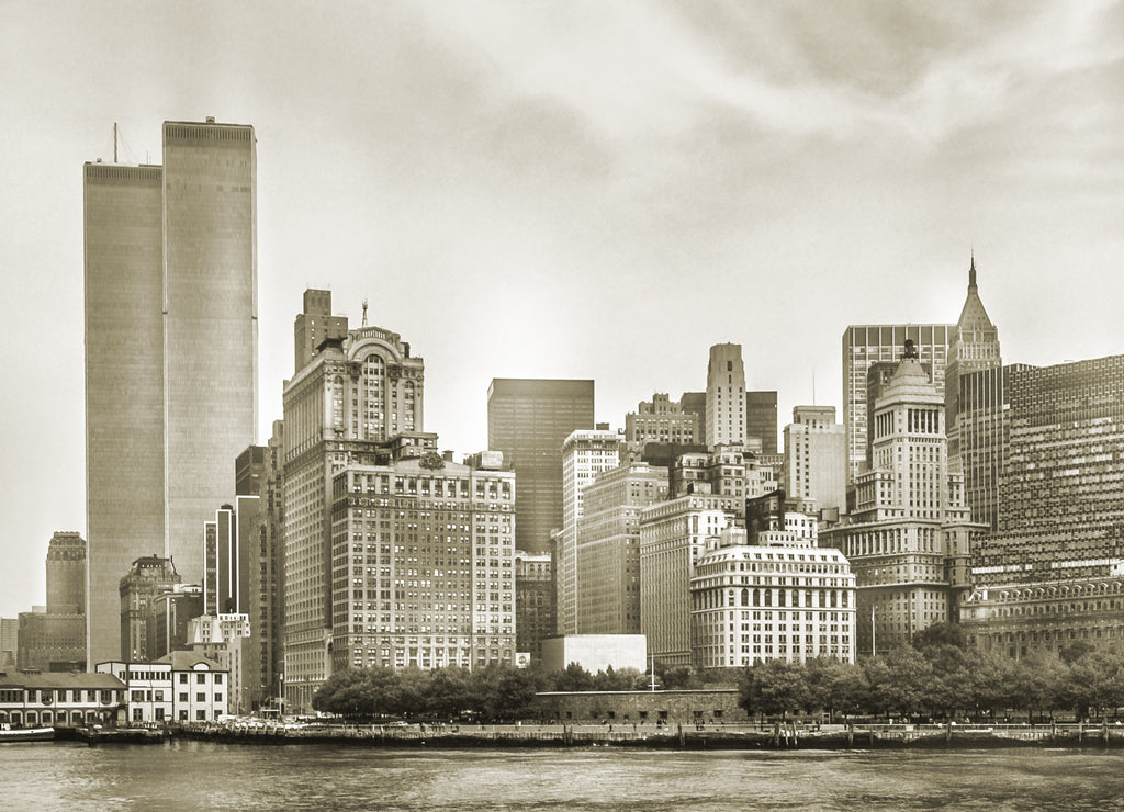 New York City skyline from NJ with World Trade Center featured as landmark of Twin Towers, destroyed in September 11, 2001. Sepia background, vintage style. Lower Manhattan in New YorkC, United States