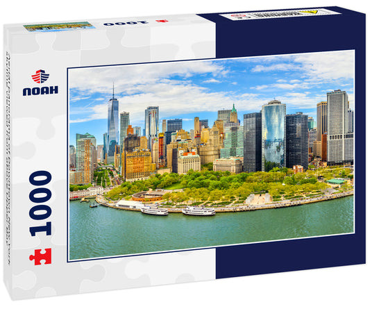Aerial panorama of Downtown New York skyline viewed from above Upper Bay