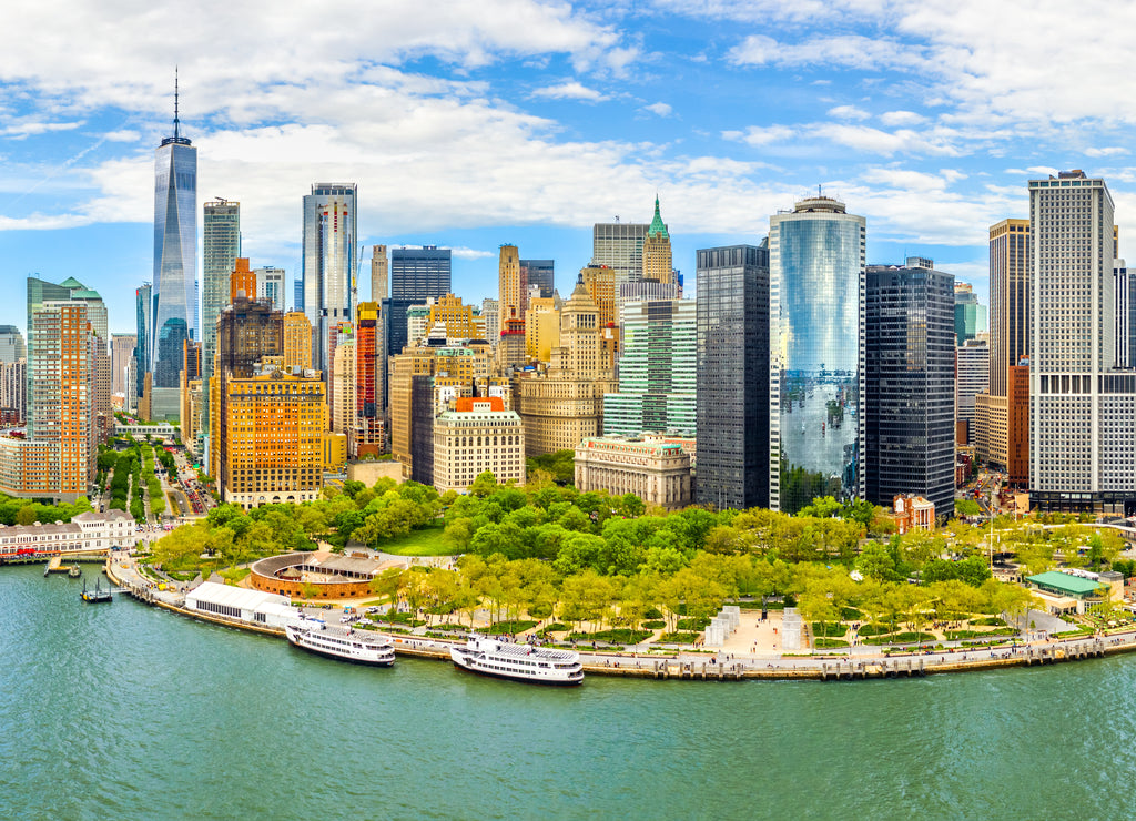 Aerial panorama of Downtown New York skyline viewed from above Upper Bay