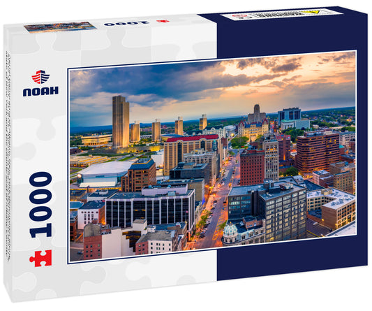 Aerial panorama of Albany, New York downtown along State street, at dusk. Albany is the capital city of the U.S. state of New York and the county seat of Albany County