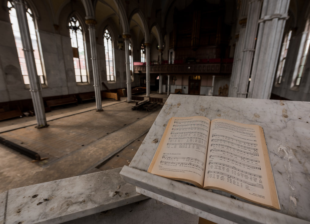 Derelict Empty Sanctuary + Holy Bible on Mantle - Abandoned St. Peter's Church - Troy, New York