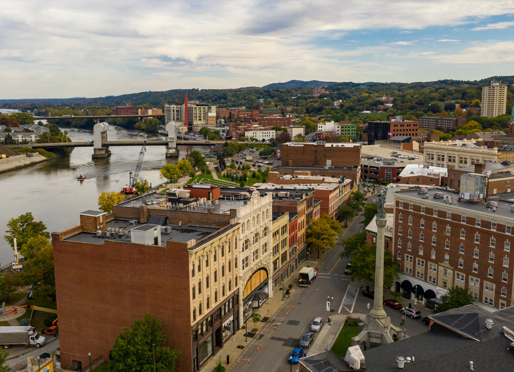 Aerial Perspective over Downtown Troy New York on the Hudson River