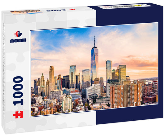Aerial panorama of Lower Manhattan skyline, Greenwich street in Tribeca neighborhood
