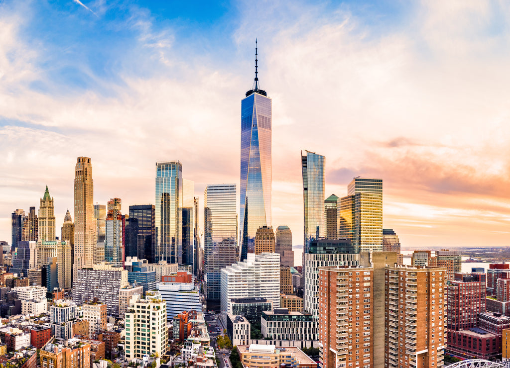 Aerial panorama of Lower Manhattan skyline, Greenwich street in Tribeca neighborhood