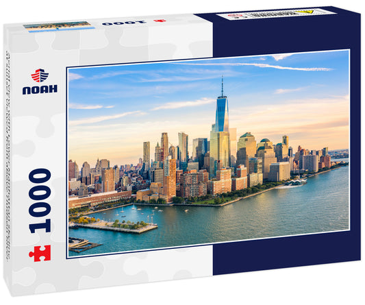 Aerial view with Lower Manhattan skyline at sunset viewed from above Hudson River