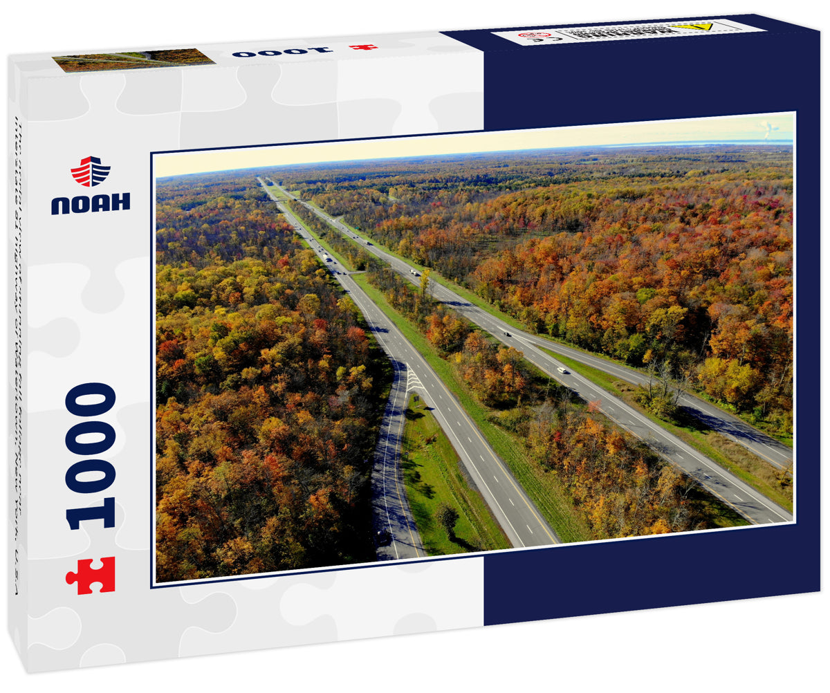 The aerial view of stunning fall foliage near Interstate 81 highway of Watertown, New York, U.S.A