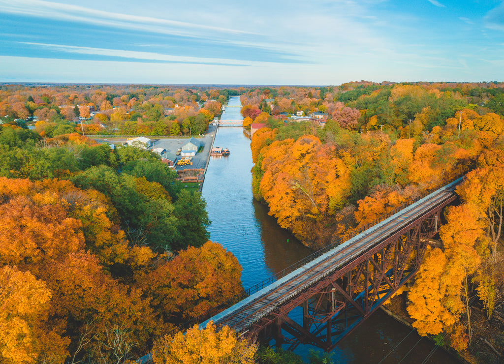 Drone photo of a train bridge in the fall. Lockport, New York