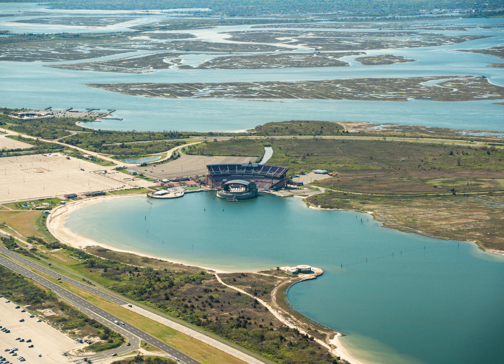 Aerial view of Long Island New York at Jones Beach State Park with historic theater