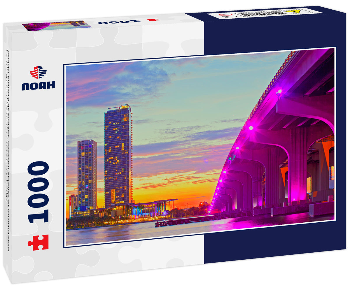 Miami Florida at sunset, colorful skyline of illuminated buildings and Macarthur causeway bridge