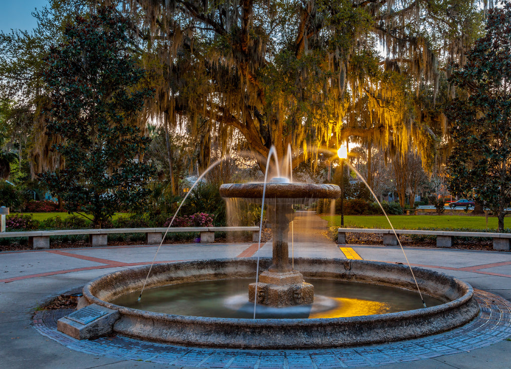 Fountain from Thomas Center in Gainesville at dusk, Florida