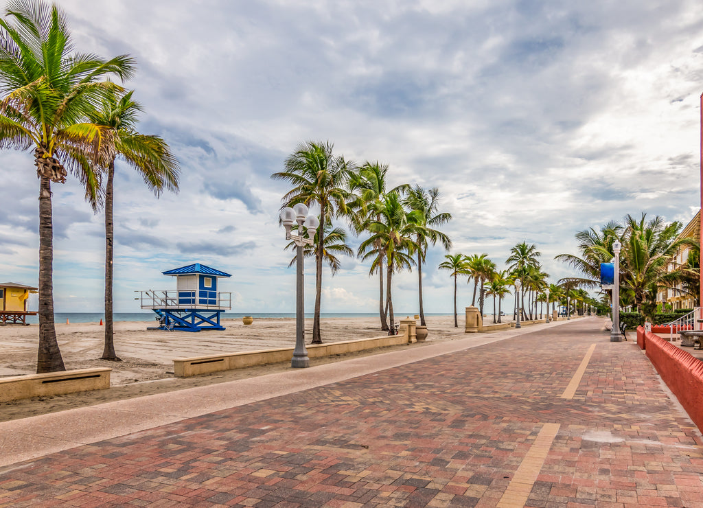 Hollywood Beach Broadwalk, a boardwalk and bikeway along the beach in Hollywood. A popular tourist attraction in Broward County, Florida, USA