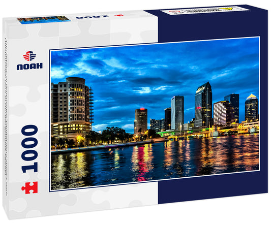 The skyline of downtown Tampa after sunset with Hillsborough river in the foreground, Florida