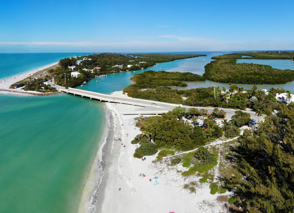 Aerial view of the road bridge between Captiva Island and Sanibel Island in Lee County, Florida, United States