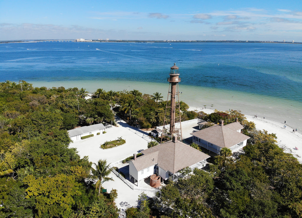 Aerial landscape view of the lighthouse and lighthouse beach on Sanibel Island in Lee County, Florida, United States