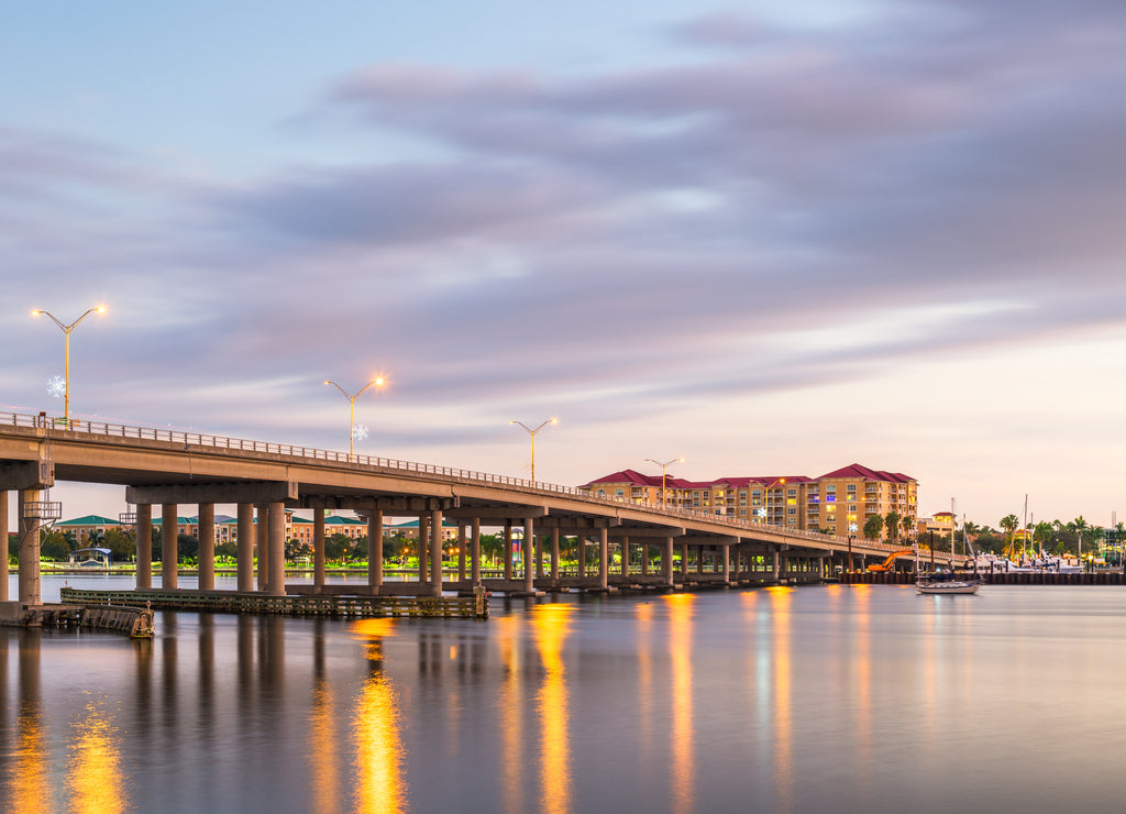 Bradenton, Florida, USA downtown on the Manatee River at dusk