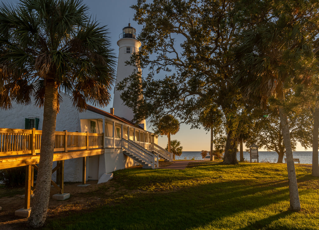St. Mark's Lighthouse in Crawfordville, Florida as the sunsets over the Gulf of Mexico