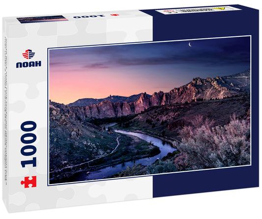 Smith Rock State Park landscape of mountains and a river under a violet evening sky in Bend, Oregon USA