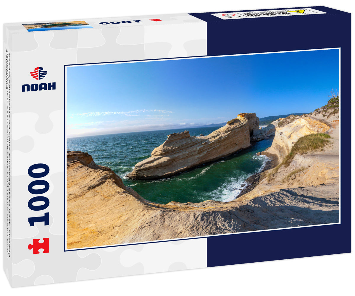 Scenic panorama on Cape Kiwanda state park, Oregon. Beautiful view overlooking cape cliff, rocks, ocean and a shoreline