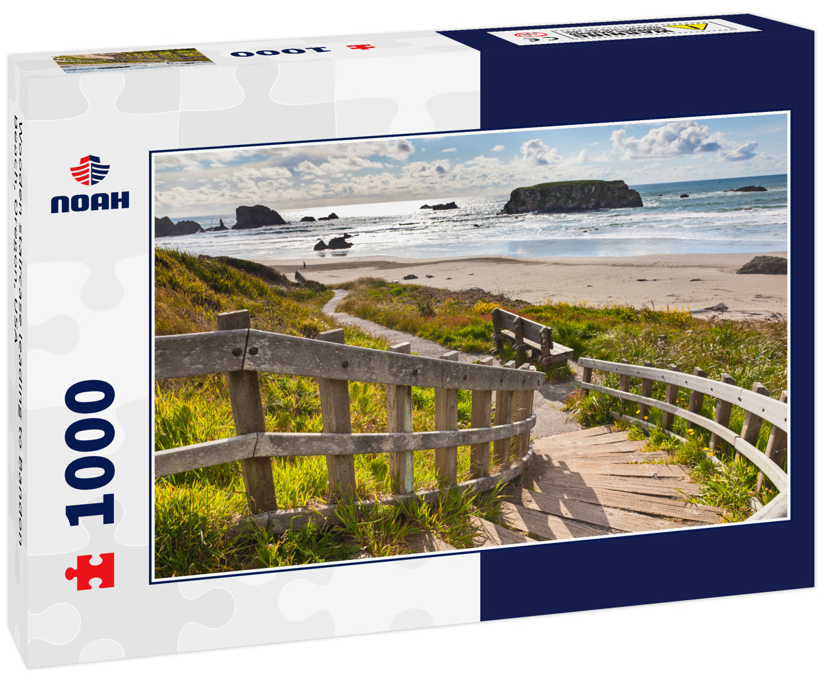 Wooden staircase leading to Bandon Beach, Oregon, USA