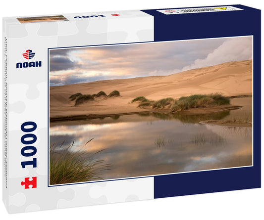 USA, Oregon, Siuslaw National Forest, Umpqua Dunes. Contrast of a lake next to sand dunes