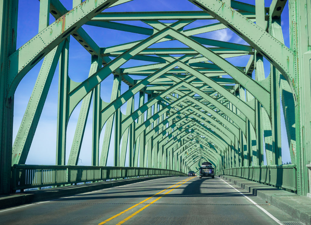 Driving on the Conde B. McCullough Memorial Bridge, Oregon, formerly the Coos Bay Bridge, on a sunny day