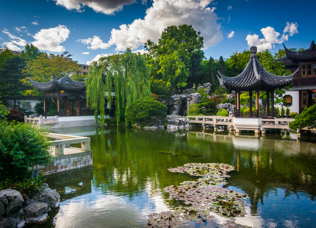 Pagoda and pond at the Lan Su Chinese Garden in Portland, Oregon