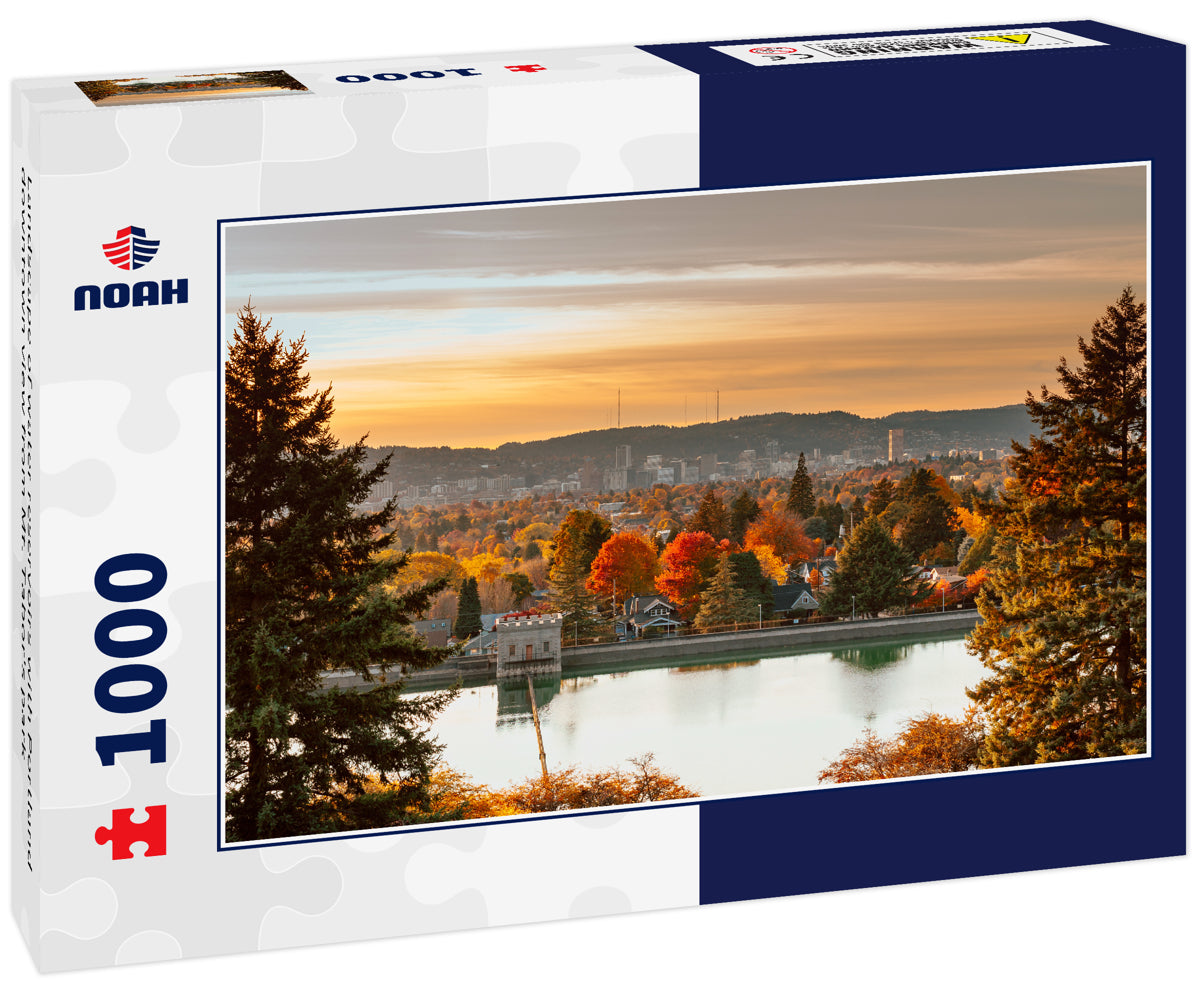 Landscape of water reservoirs with Portland downtown view from Mt. Tabor's park