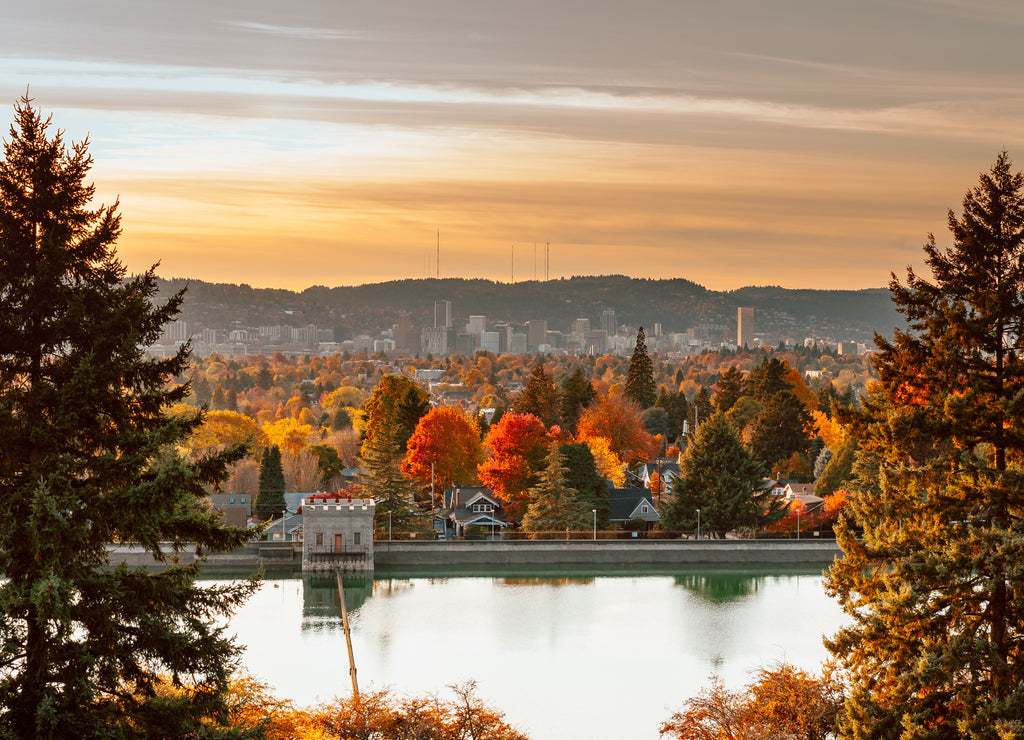 Landscape of water reservoirs with Portland downtown view from Mt. Tabor's park