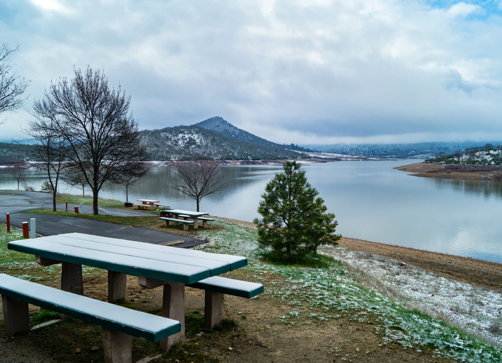 Emigrant Lake County Park campground near Ashland, Oregon with a dusting of snow