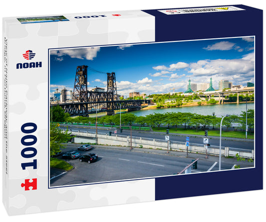 View of Naito Parkway and the Steel Bridge, in Portland, Oregon