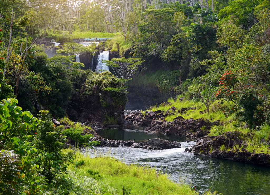 Majesitc Pee Pee Falls waterfall in Hilo, Wailuku River State Park, Hawaii