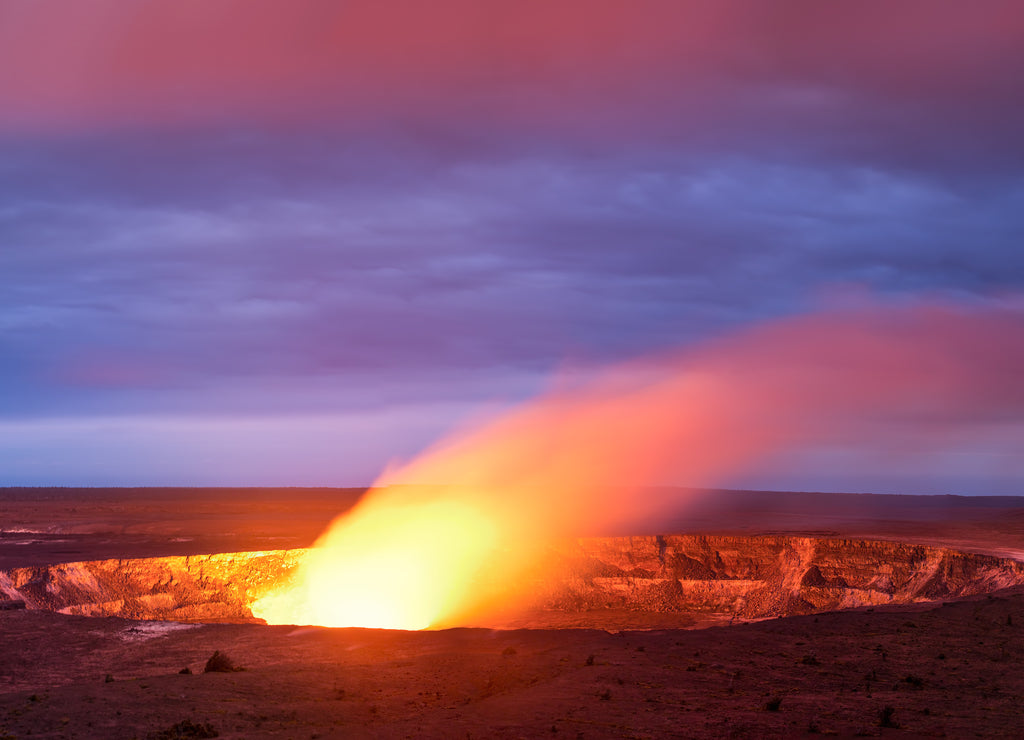 Kilauea volcano crater as it eats at sunset in Hawaii volcano national park, Big Island, Hawaii, USA