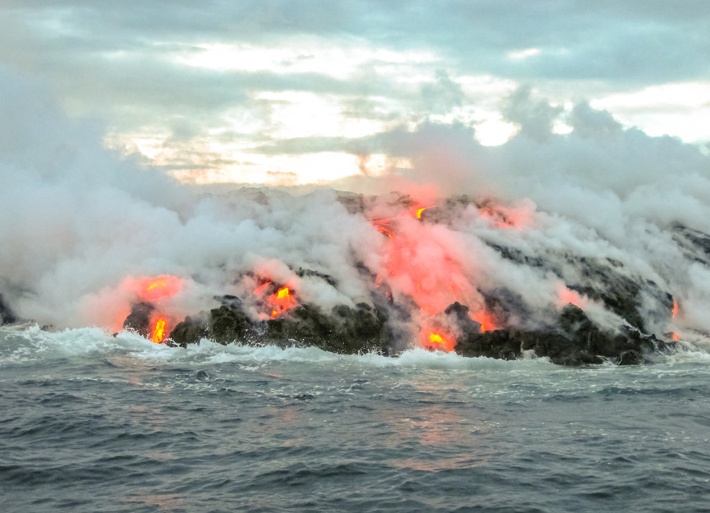 Smoke and steam given off by lava contact with the Pacific Ocean. Kilauea Volcano in Hawaii Volcanoes National Park, Big Island, Hawaii, Unites States