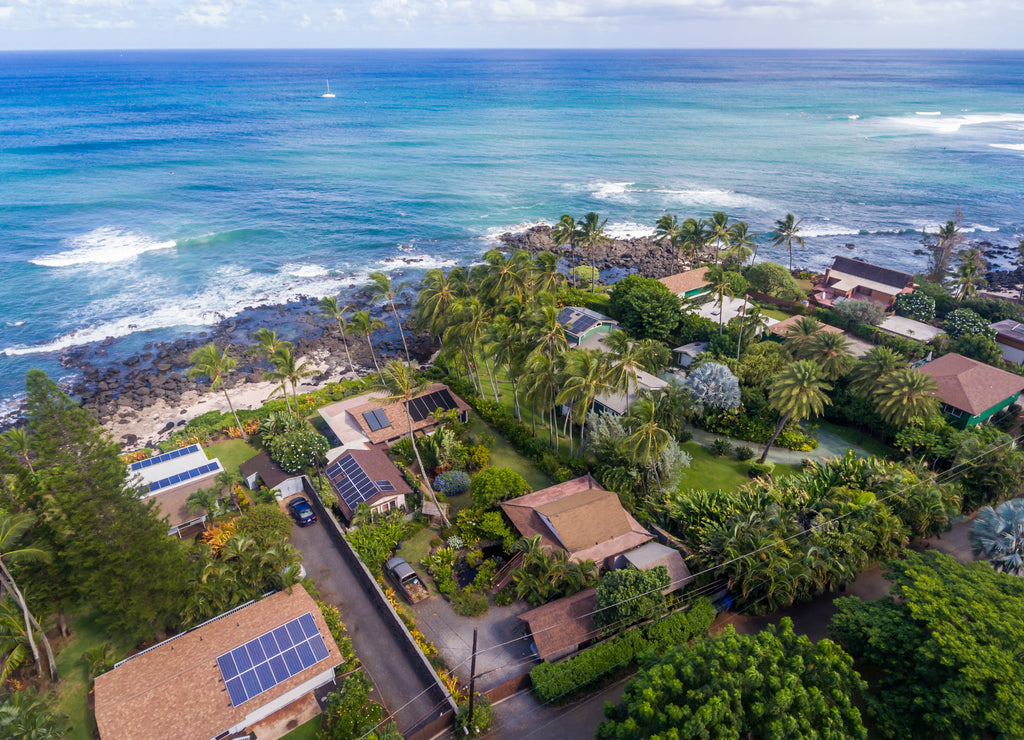 Aerial view of Oceanfront homes on the north shore of Oahu Hawaii