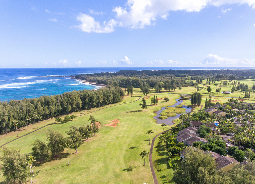 Aerial view of the Turtle Bay Arnold Palmer Golf Course on the Northshore of Oahu, Hawaii