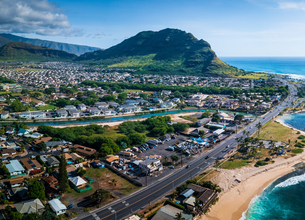 Aerial panorama of the west coast of Oahu island, Hawaii