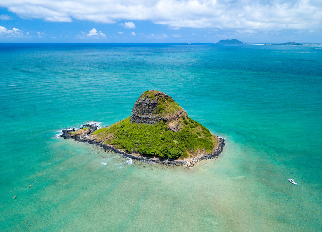 Mokolii Chinaman's Hat islet in Kaneohe Bay, Oahu, Hawaii