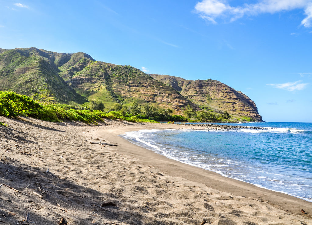 Beautiful view of Halawa Beach Park and the Halawa Valley on the remote island of Molokai (Moloka'i), Hawaii