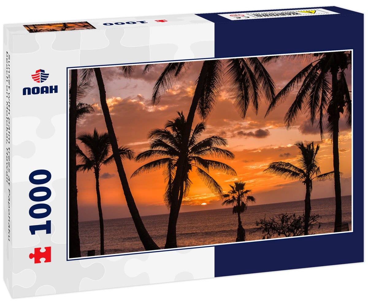 Sunset with palm trees at Papohaku beach on Molokai, Hawaii