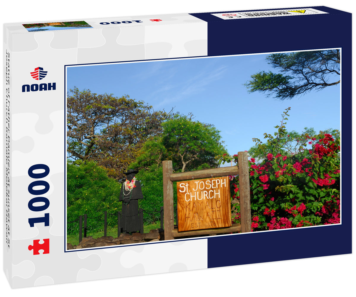 Statue of Father Damien at sunset at St Joseph Church Kamalo Molokai Hawaii