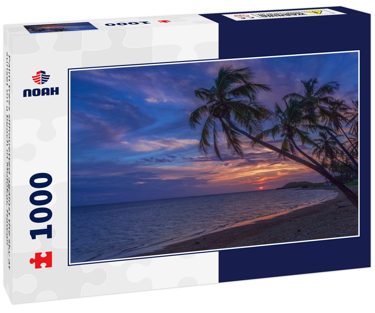 Palm trees silhouetted against the sky at sunset on a beach in Molokai, Hawaii