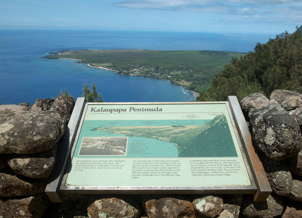 Kalaupapa Lookout sign board,, Molokai, Hawaii